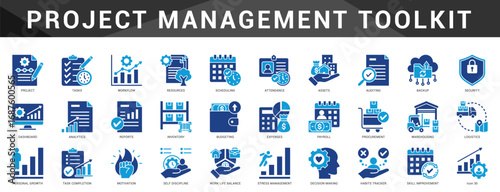 Comprehensive icon set for managing tasks, workflows, and resources efficiently in project-based business environments.