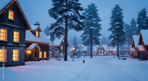 Cozy snow-covered village glows with warm Christmas lights and festive wreaths under starry sky