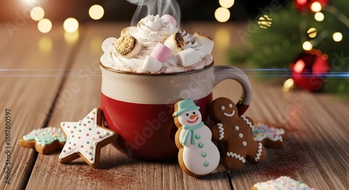 Cozy Christmas scene with gingerbread cookies, hot chocolate topped with marshmallows, and festive lights