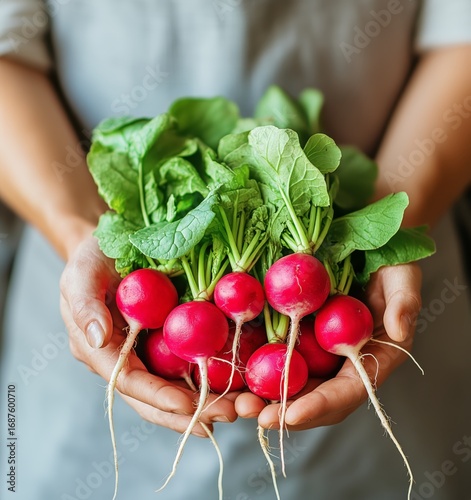 Freshly Harvested Radishes Held Between Hands in a Kitchen Setting
