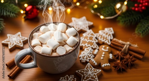 Cozy winter scene with hot chocolate topped with marshmallows and festive gingerbread cookies
