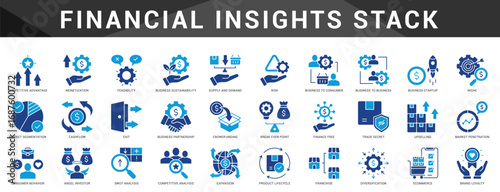 Financial management icons for budgeting, forecasting, reporting, and strategic financial decision-making in businesses.