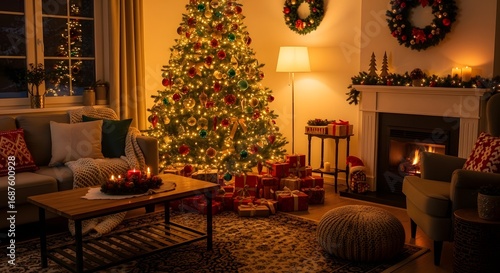 Cozy Christmas living room scene with glowing fireplace, decorated tree, and warm holiday ambiance
