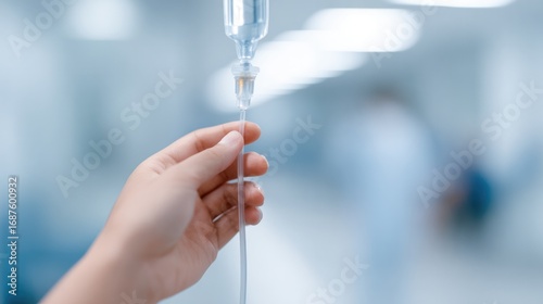 Hand holding IV drip in clinical setting, emphasizing healthcare