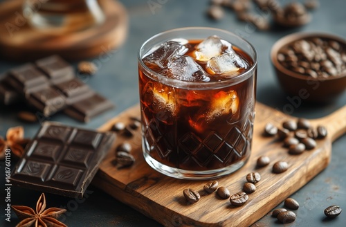 Coffee Drink With Ice Cubes, Chocolate, and Spices on Wooden Table Creates a ...