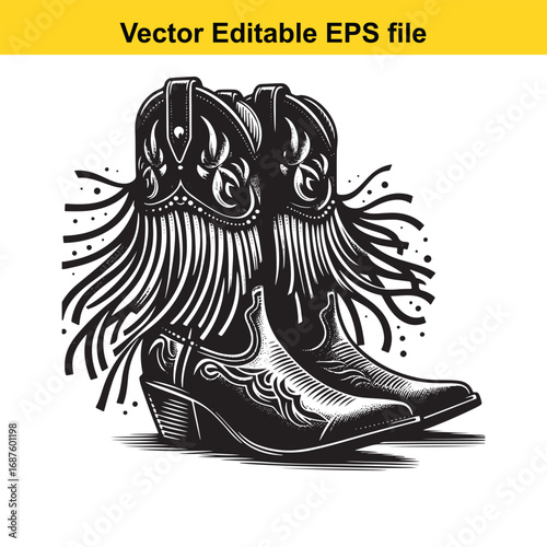  black and white illustration of cowboy boots with fringe isolated on white background