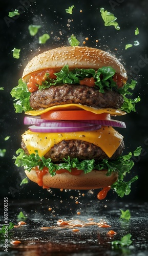 Juicy Burger Stacked High With Fresh Ingredients Ready to Satisfy Any Appetite.