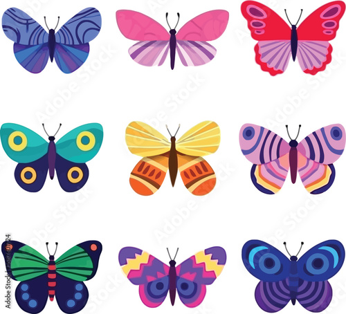 Colorful butterflies collection diverse wing patterns fluttering beauty white background