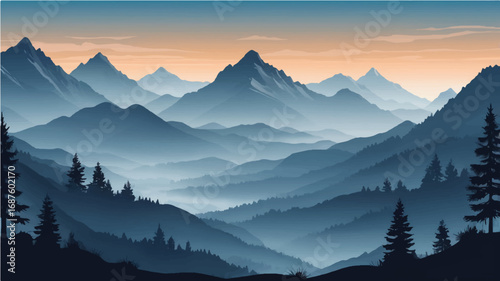 Sunrise over a beautiful mountain landscape with a foggy valley