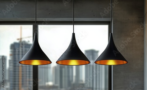 Elegant Black Cone Pendant Lights Illuminating a Modern Interior With City View