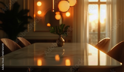 Inviting Dining Area With Elegant Lighting and Contemporary Decor in a Modern...