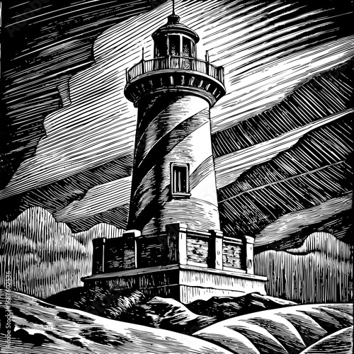 Dramatic lighthouse stands tall against a textured, stormy sky, a beacon of resilience and guidance in a stylized, graphic art style