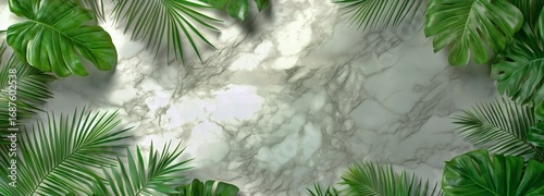 Lush Green Leaves Arranged on a Marble Surface for a Nature-Inspired Backdrop...