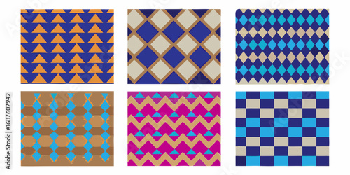 Six geometric patterns featuring triangles diamonds and squares in various color palettes