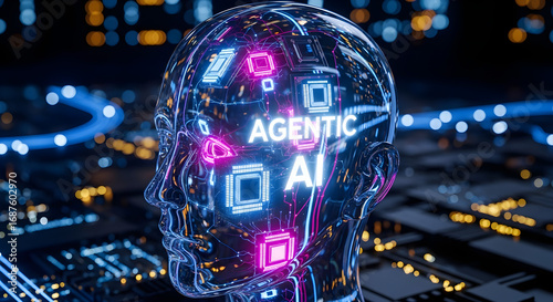 Concept of Agentic AI with a transparent humanoid head and glowing processors.
