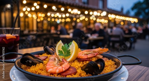 Fototapeta Naklejka Na Ścianę i Meble -  Delicious Seafood Paella Served Outdoors At A Restaurant Patio At Dusk