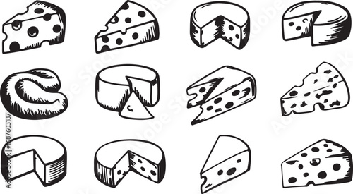 Cheese Collection Vector Set with Various Types and Shapes of Dairy Products