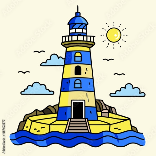 Vibrant lighthouse stands tall on a rocky island with blue waves crashing below, under a bright sunny sky with fluffy clouds and soaring birds
