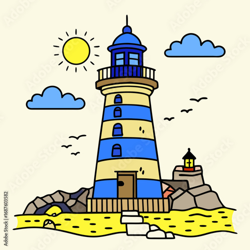 Vibrant seaside scene featuring a charming striped lighthouse guiding ships under a bright sunny sky with playful clouds and soaring seagulls