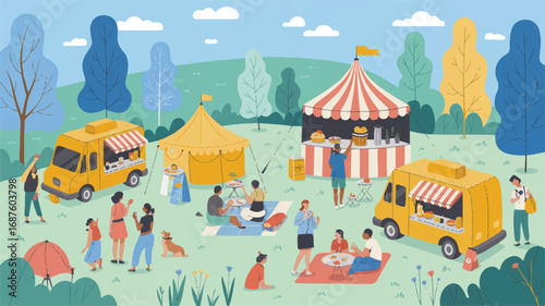 Outdoor summer food festival with people enjoying picnics and food trucks under the sky