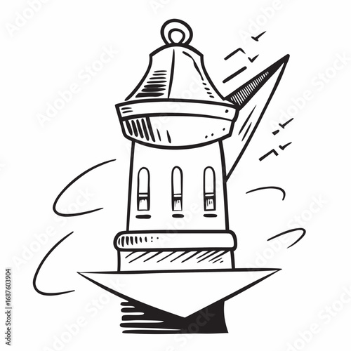 Whimsical lighthouse beacon guiding ships at sea with soaring birds and swirling winds creating a dynamic coastal atmosphere