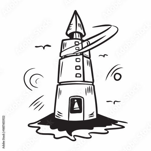 Dynamic lighthouse guides ships safely through stormy seas with guiding light and circling birds overhead, symbolizing hope and navigation