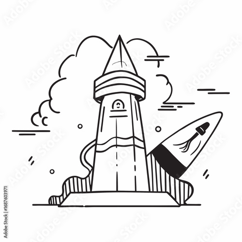 Dynamic rocket launching from futuristic lighthouse tower with abstract cloud elements creating a sense of adventure and forward momentum for modern concept designs