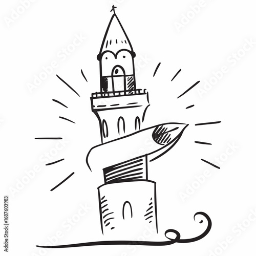 Whimsical hand-drawn lighthouse concept symbolizes guidance, inspiration, and reaching new horizons with a touch of creative charm and artistic flair