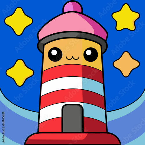 Whimsical kawaii lighthouse with friendly face and twinkling stars guides ships through gentle waves, perfect for children's designs and nautical themes