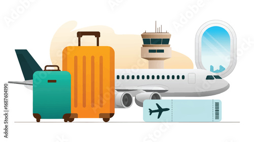 Ready for takeoff travel concept with suitcases airplane and tickets ready for a fantastic adventure holiday or business trip