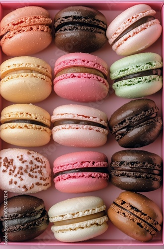 Colorful Assortment of Macarons Arranged in a Decorative Box for a Delightful...