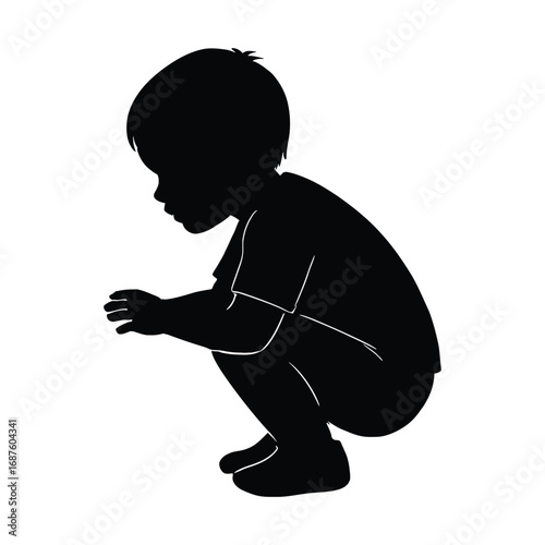Silhouette of a Boy Squatting and Looking Down with Hands Extended