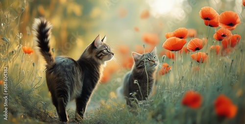 Two Playful Kittens Stroll Through a Vibrant Poppy Field During Golden Hour.