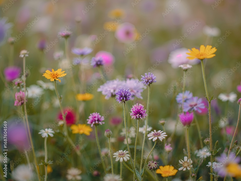 Obraz premium Floral Symphony. A Serene, Colorful Meadow of Wildflowers Soft Hues, Gentle Sunlight.