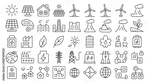 Renewable Energy and Sustainable Technology Thin Line Icons on White Background Environmentally Friendly Future Concept