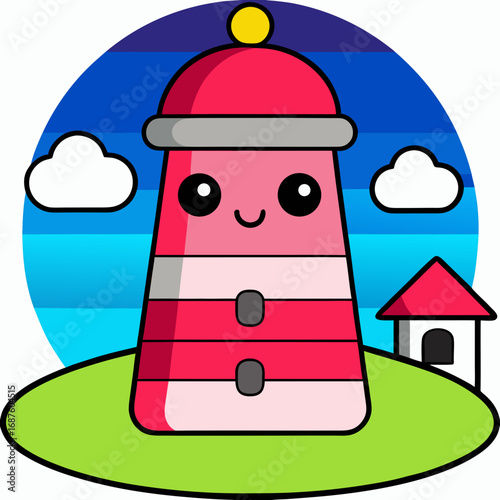 Charming kawaii lighthouse with happy face guides ships safely home on vibrant sunny day with fluffy clouds and a small house nearby