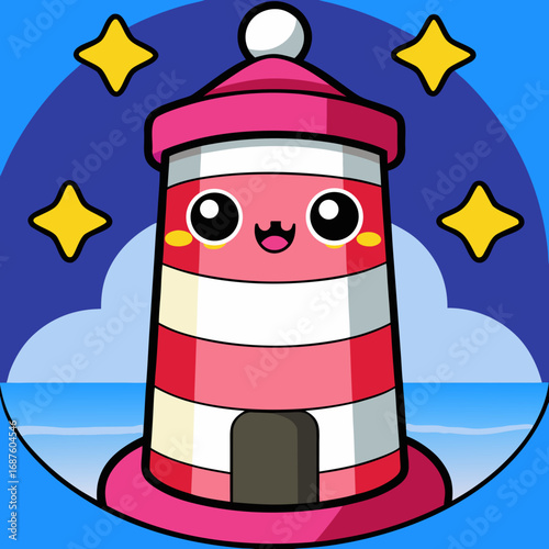 Joyful cartoon lighthouse beaming with light and stars guiding ships safely home, perfect for children's stories and maritime themes