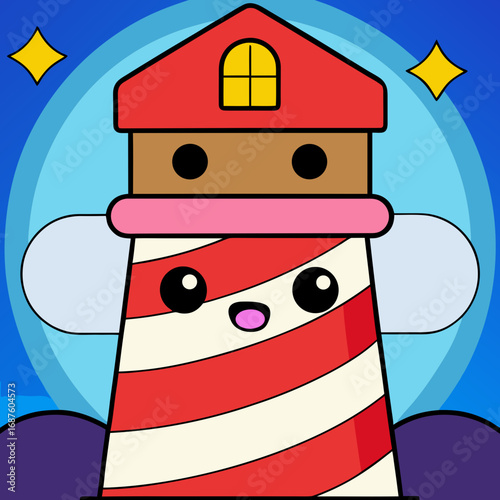 Whimsical cartoon lighthouse with friendly face and sparkling stars guides ships safely through vibrant night sky, perfect for children's stories and playful designs