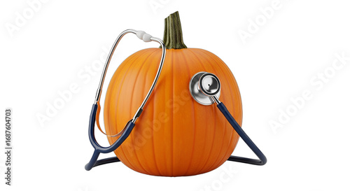 Conceptual image of a stethoscope examining a vibrant orange pumpkin, perfect for fall health check-up campaigns, Halloween wellness articles, or seasonal medical promotions.