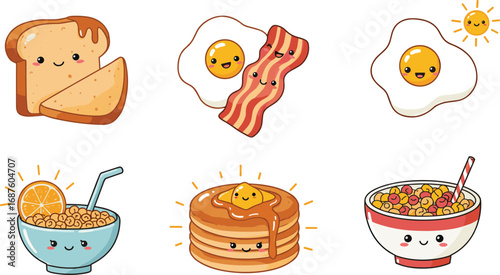 Cute kawaii breakfast food illustration cartoon vector set with toast, bacon, fried eggs, pancakes, cereal, and orange juice bowl