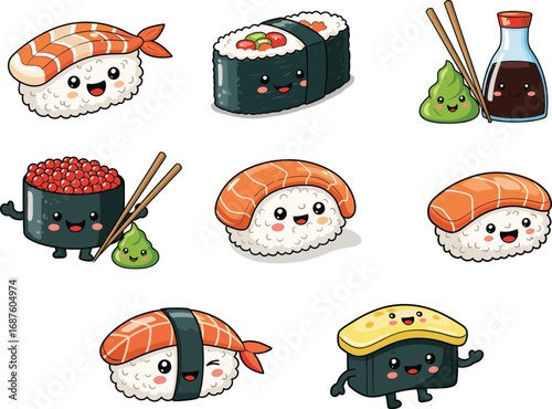Cute kawaii sushi characters illustration cartoon vector set with happy faces, wasabi, soy sauce, and chopsticks isolated white background