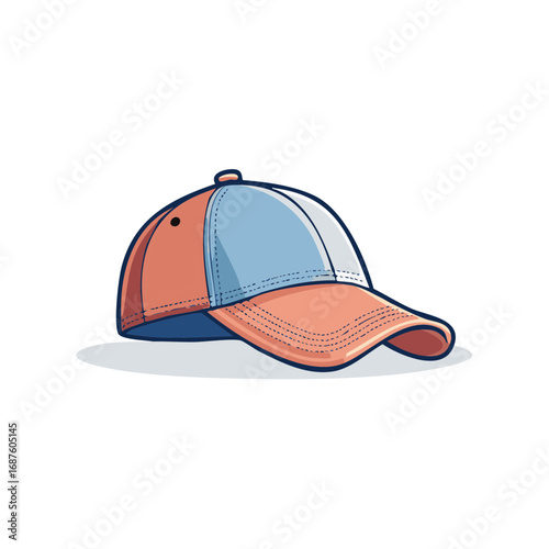 Stylized baseball cap in coral and light blue with stitched details and shadow.