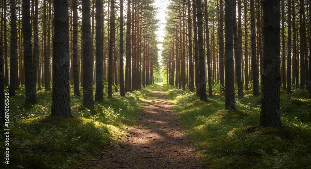 Naklejka premium Sunlight path through forest