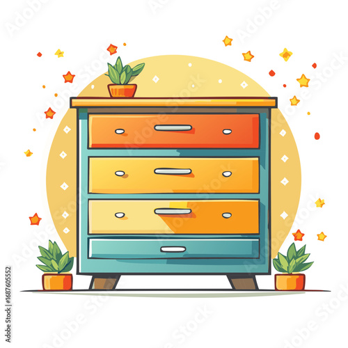 Vibrant cartoon chest of drawers adorned with green plants and whimsical stars