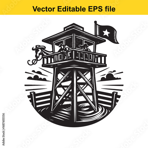  black and white illustration of a guard tower with a flag and a person