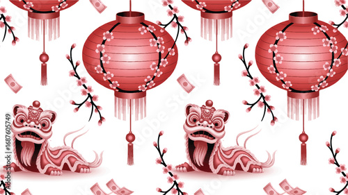 Seamless pattern with Chinese New Year lanterns lions and cherry blossom branches for background decoration