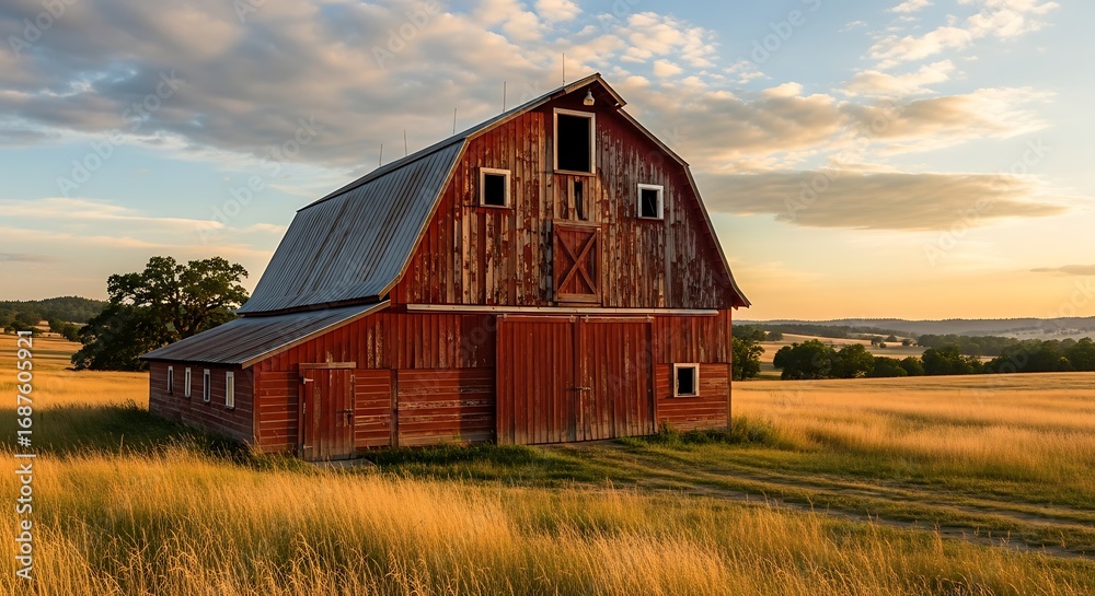 Obraz premium Rustic Red Barn Sunset Landscape.