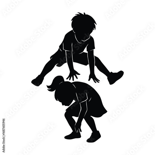 Silhouette of a Boy Leaping over a Girl Bending Over