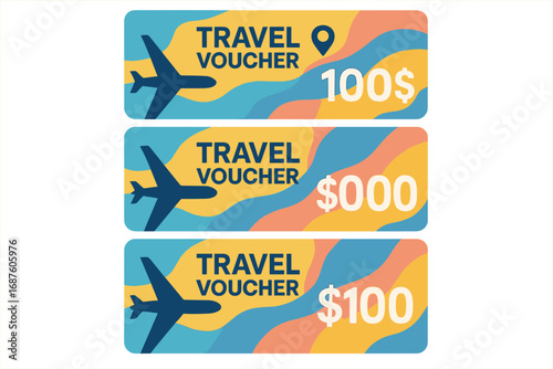 Vector set design for a travel gift certificate, featuring travel voucher text and an airplane icon for trip and tour gift check advertisement promotion