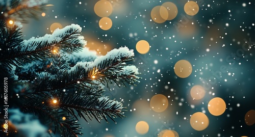 Festive Pine Tree Branches Adorned With Soft Snowflakes and Glowing Lights Du...
